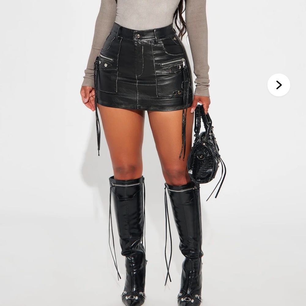 Black Faux Leather Mini Skirt with Zipper Details